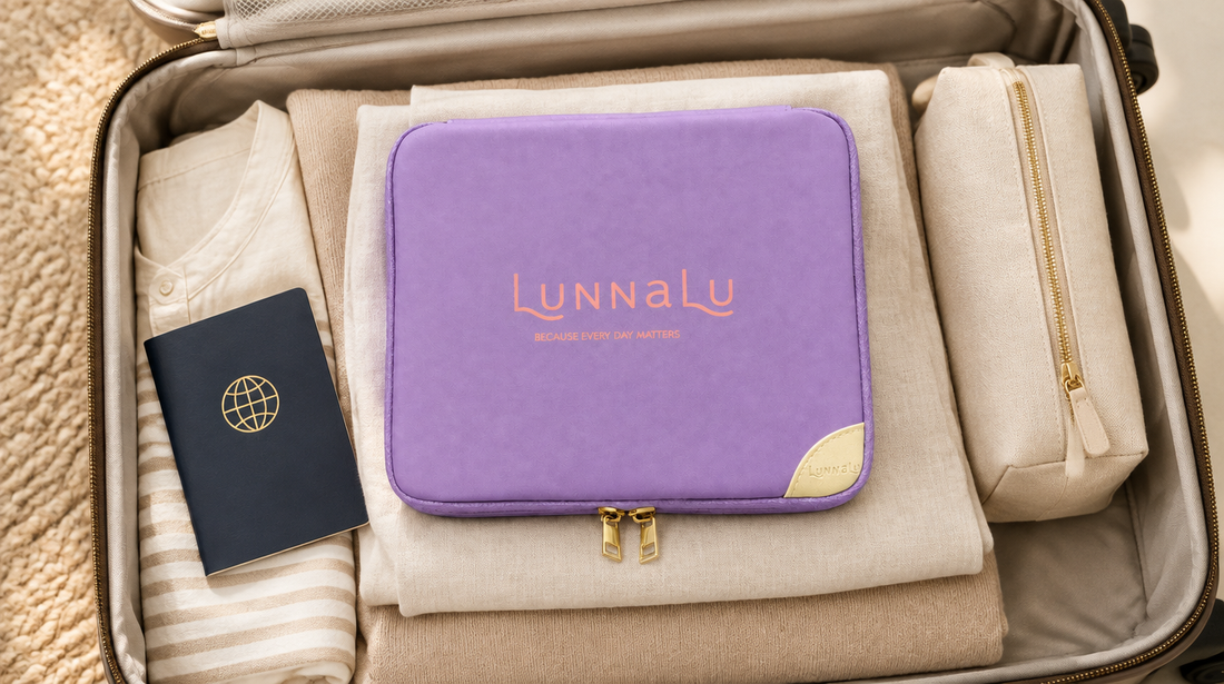 A travel period kit packed flat in a carry-on suitcase beside a passport and folded clothes