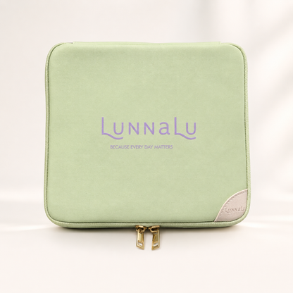 LunnaLu Large Period Organiser in lime green, closed, with a printed violet logo, cream corner tab and gold zip pulls