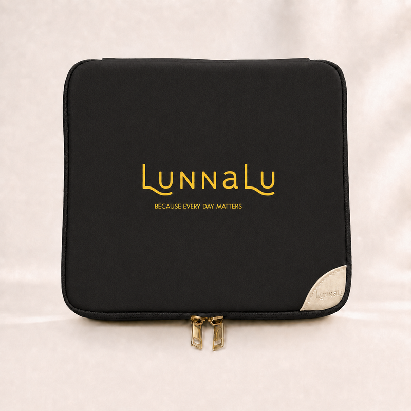LunnaLu Large Period Organiser in black, closed, with a printed gold logo, cream corner tab and gold zip pulls