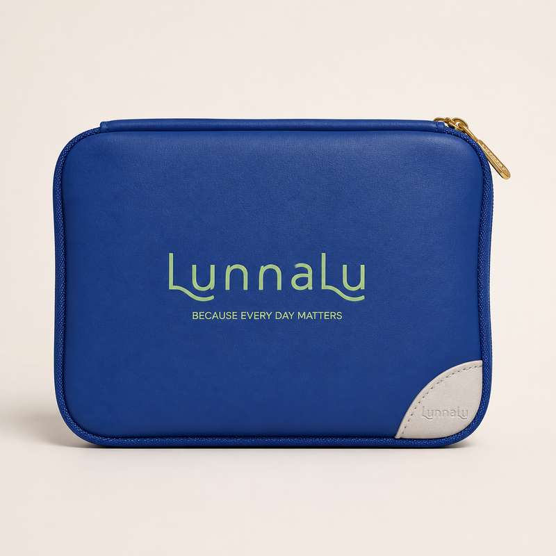 LunnaLu Small Period Organiser in dark blue, closed, with a printed lime green logo, cream corner tab and gold zip pulls