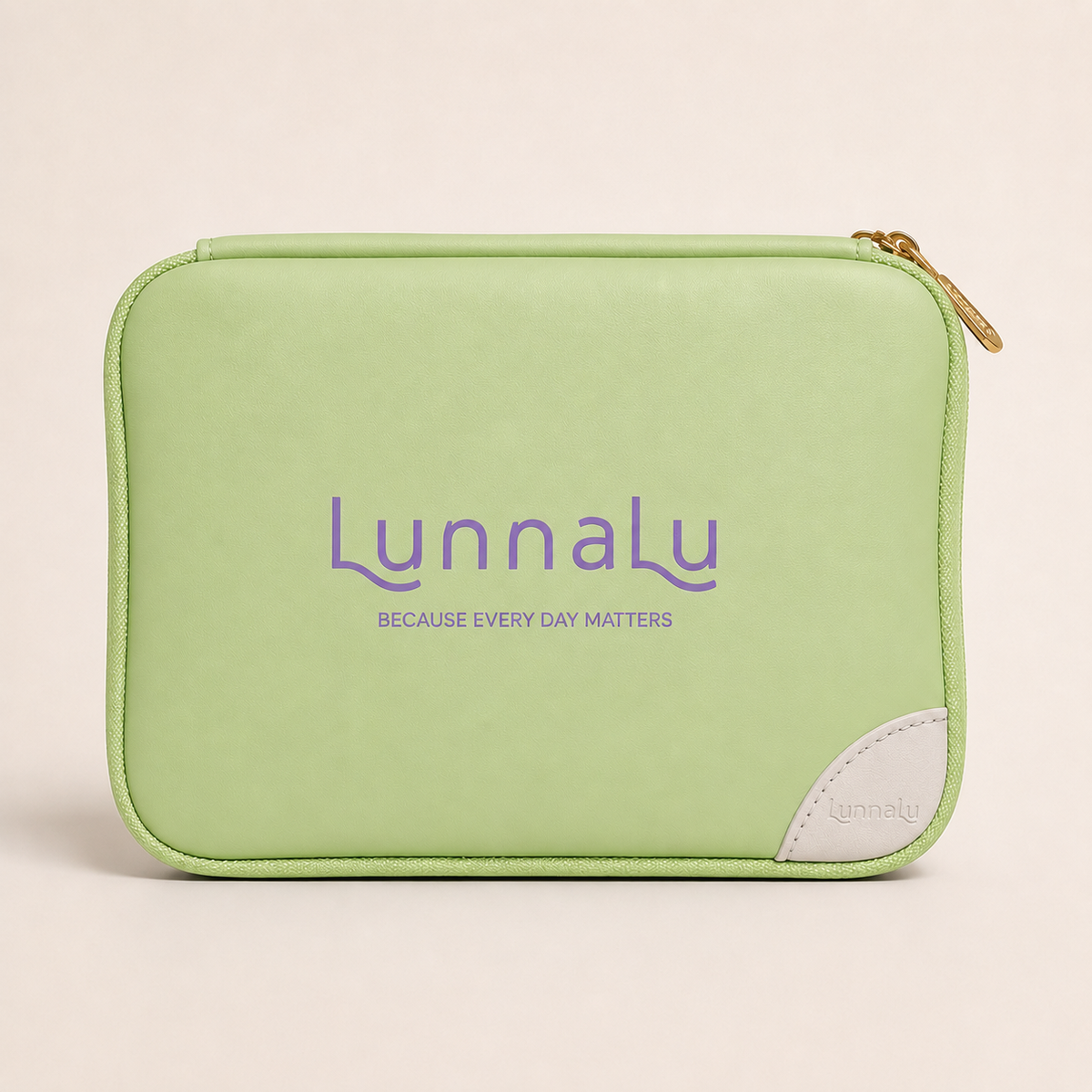 LunnaLu Small Period Organiser in lime green, closed, with a printed violet logo, cream corner tab and gold zip pulls