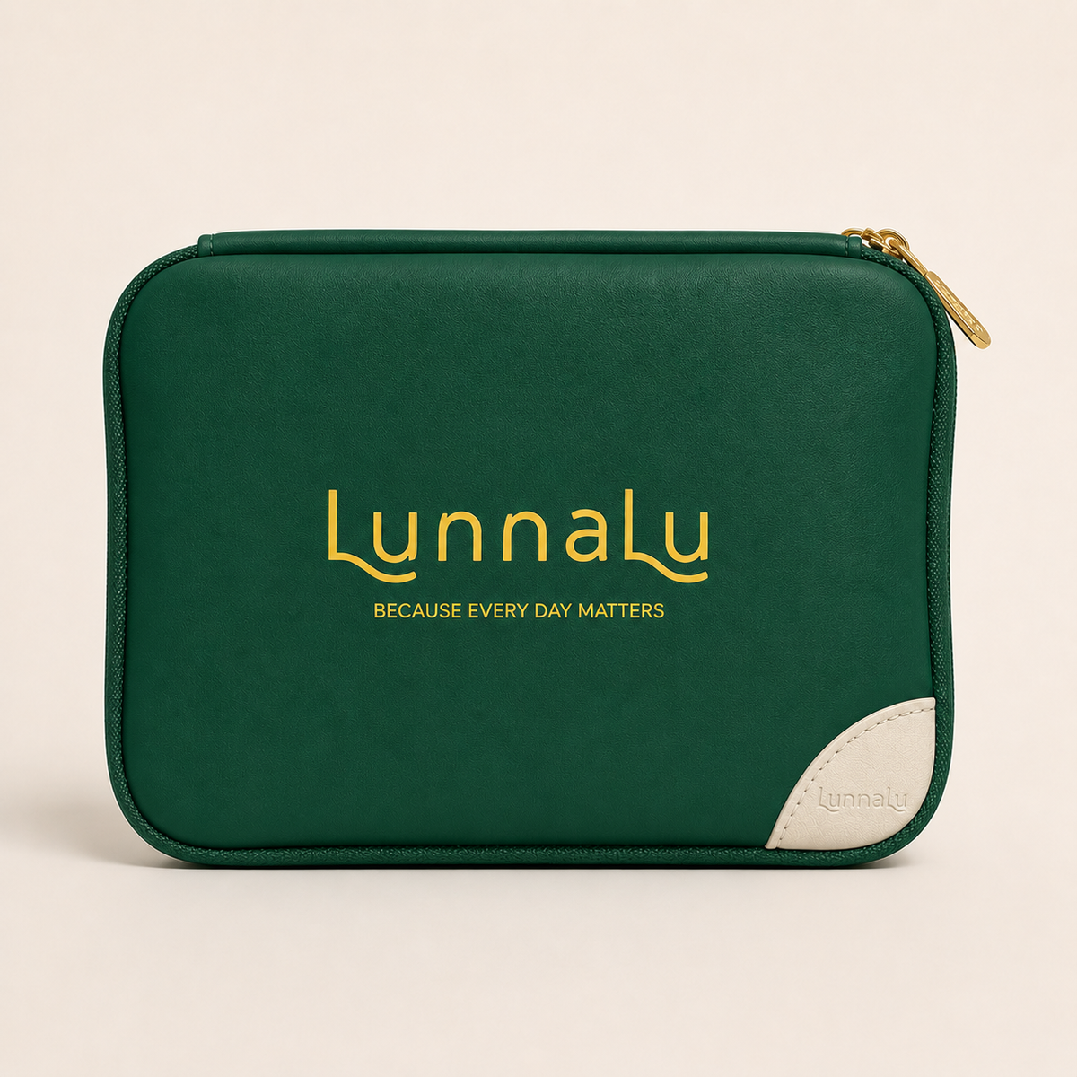 LunnaLu Small Period Organiser in forest green, closed, with a printed gold logo, cream corner tab and gold zip pulls