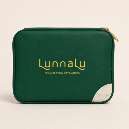 LunnaLu Small Period Organiser in forest green, closed, with a printed gold logo, cream corner tab and gold zip pulls