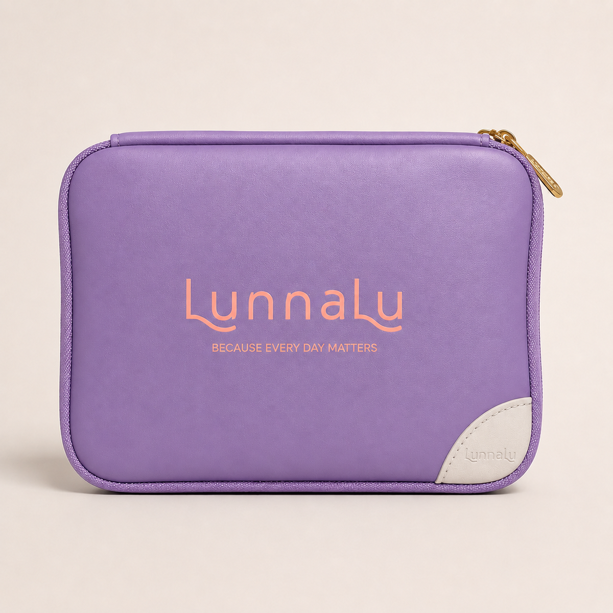 LunnaLu Small Period Organiser in violet, closed, with a printed peach logo, cream corner tab and gold zip pulls