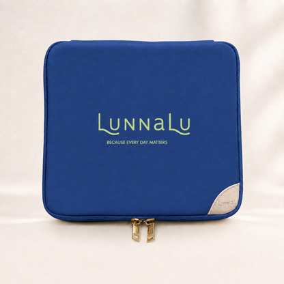 LunnaLu Large Period Organiser in dark blue, closed, with a printed lime green logo, cream corner tab and gold zip pulls