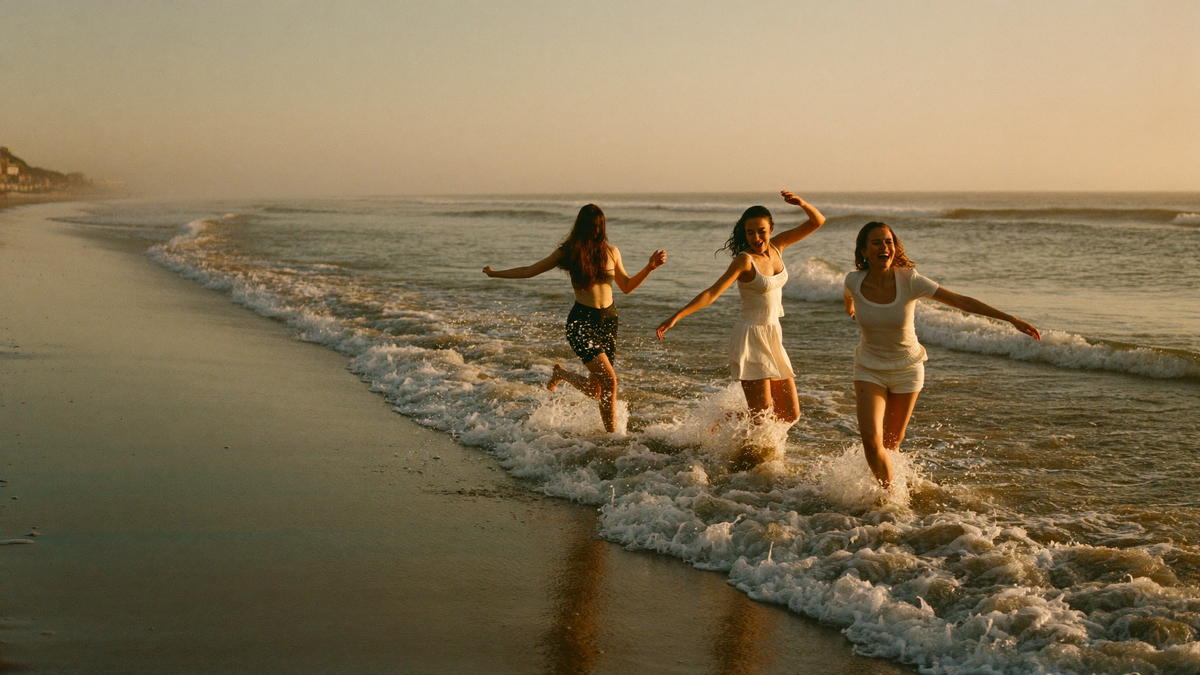 Three women running into the surf at golden hour, laughing