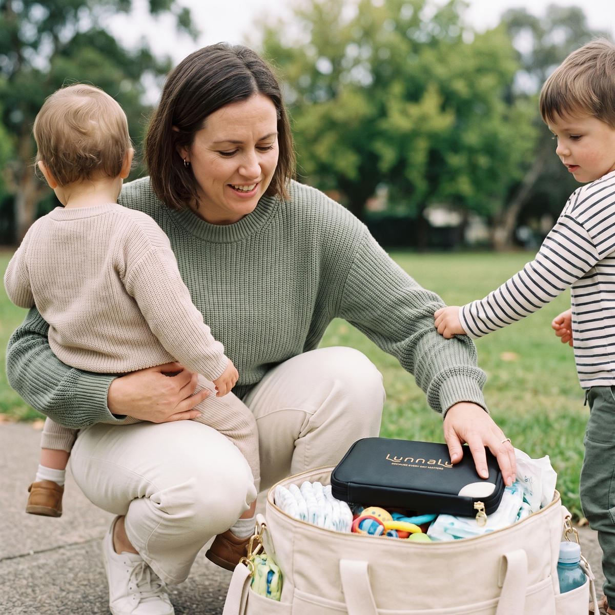 A mother at the park with two young children, reaching into a nappy bag holding a LunnaLu period organiser