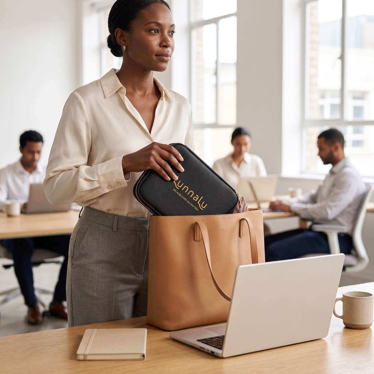 A woman at her office desk sliding a LunnaLu period organiser into her leather work tote
